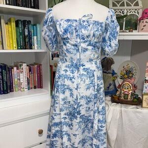 Blue and White Off-Shoulder Dress